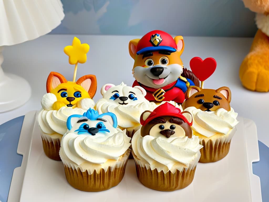  An ultradetailed closeup image of a beautifully decorated Paw Patrolthemed cupcake, showcasing intricate frosting details of each character like Chase, Marshall, Skye, and Rubble. The cupcake sits on a pristine white plate, with a light dusting of powdered sugar adding a touch of elegance. The vibrant colors of the frosting pop against the neutral background, highlighting the artistry and skill that goes into creating these delightful treats. hyperrealistic, full body, detailed clothing, highly detailed, cinematic lighting, stunningly beautiful, intricate, sharp focus, f/1. 8, 85mm, (centered image composition), (professionally color graded), ((bright soft diffused light)), volumetric fog, trending on instagram, trending on tumblr, HDR 4K, 8K