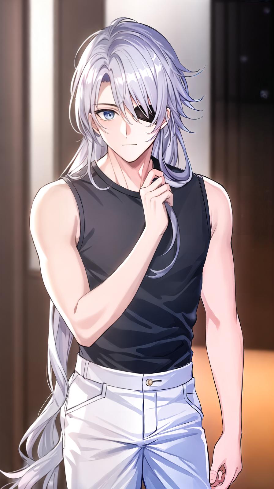  ((((masterpiece)))), best quality, very_high_resolution, ultra-detailed, in-frame, handsome, soft, young man, silver hair, blue eyes, shoulder-length hair in a half-up style, T-shirt, slim pants, black top, blue bottom, facial scar from right eye to cheek, eyepatch on the right side, prince, beautiful eyelashes