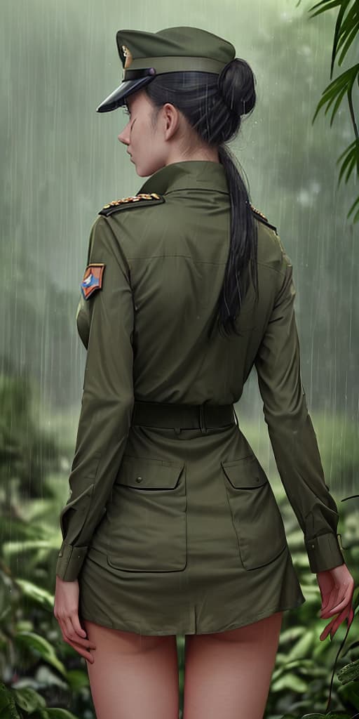  girl-in military uniform, in the jungle, with her back turned, it’s raining. POV