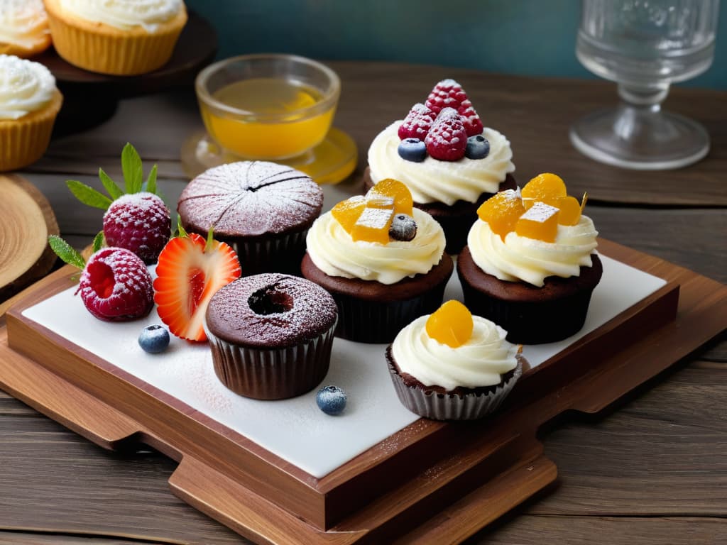  A photorealistic image of a colorful array of vegan and glutenfree pastries, including decadent chocolate cupcakes, fluffy vanilla muffins, and delicate raspberry tarts, all beautifully presented on a rustic wooden table with fresh fruits and herbs scattered around them. The pastries are intricately decorated with edible flowers and drizzles of creamy frosting, showcasing the artistry and deliciousness of plantbased baking. The lighting is soft yet vibrant, highlighting the textures and vibrant colors of the desserts, making them look irresistible and inviting to the viewer. hyperrealistic, full body, detailed clothing, highly detailed, cinematic lighting, stunningly beautiful, intricate, sharp focus, f/1. 8, 85mm, (centered image composition), (professionally color graded), ((bright soft diffused light)), volumetric fog, trending on instagram, trending on tumblr, HDR 4K, 8K