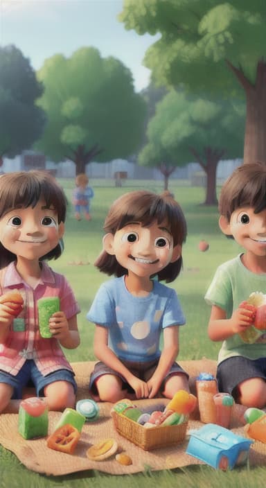  {Kids sitting around a picnic blanket, enjoying juice boxes and snacks., Children happily eating snacks, with crumbs on their faces and big smiles.