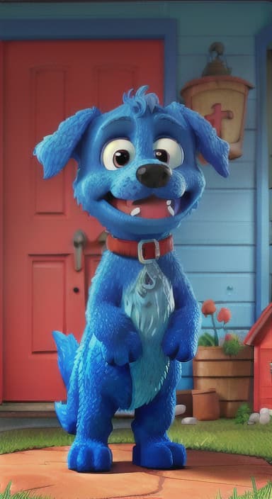  {Max the big blue dog standing in front of a cozy little house with a red door, The big blue dog is large with sky blue fur, big round eyes, a black nose, and floppy ears.