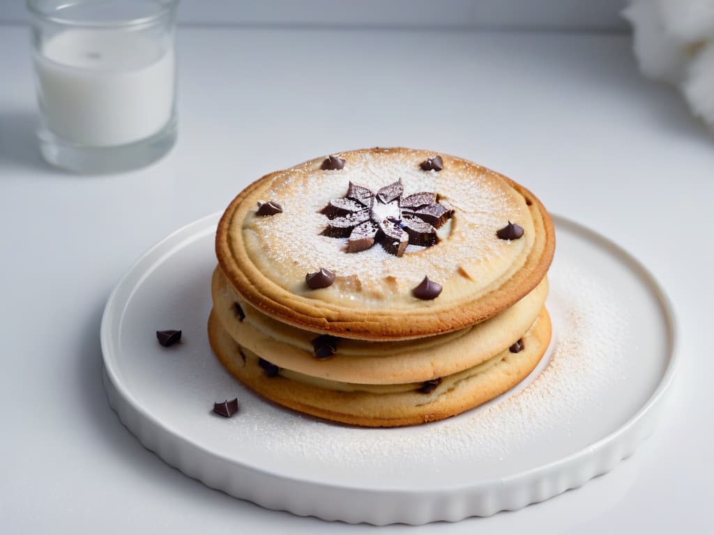  A closeup, ultradetailed image of a single, perfectly golden brown chocolate chip cookie on a sleek, modern white plate. The cookie is textured with chunks of dark chocolate and sprinkled with a light dusting of powdered sugar. The background is a soft, blurred gradient that highlights the cookie as the focal point, showcasing its homemade charm and artisanal quality. hyperrealistic, full body, detailed clothing, highly detailed, cinematic lighting, stunningly beautiful, intricate, sharp focus, f/1. 8, 85mm, (centered image composition), (professionally color graded), ((bright soft diffused light)), volumetric fog, trending on instagram, trending on tumblr, HDR 4K, 8K