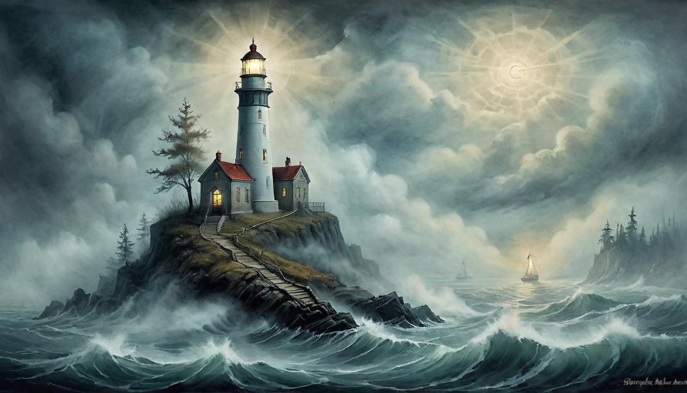  on parchment, surrealism+++, A lighthouse piercing through the fog over treacherous waters, a beacon of hope, guiding light to the unseen, transparency in the face of obscurity, steadfast and illuminating(mysterious, provocative, symbolic,muted color)+++