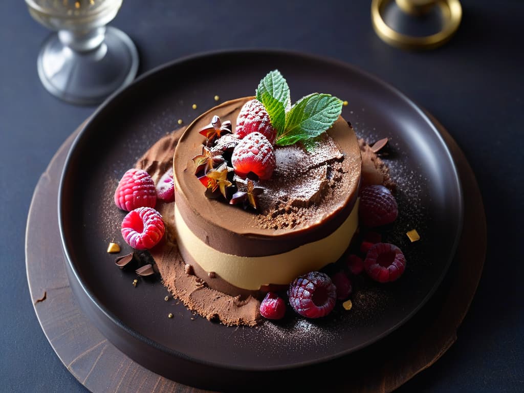  A highresolution, ultradetailed image of a beautifully plated dessert, featuring delicate layers of chocolate mousse, garnished with edible gold leaf, fresh raspberries, and mint leaves. The dessert is presented on a white, minimalist plate, set against a dark, textured background to enhance the luxurious and elegant feel. hyperrealistic, full body, detailed clothing, highly detailed, cinematic lighting, stunningly beautiful, intricate, sharp focus, f/1. 8, 85mm, (centered image composition), (professionally color graded), ((bright soft diffused light)), volumetric fog, trending on instagram, trending on tumblr, HDR 4K, 8K