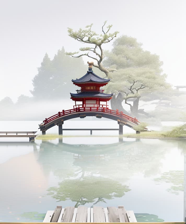  masterpiece, best quality, (Fidelity: 1.4), Best Quality, Masterpiece, Ultra High Resolution, 8k resolution, A night view inspired by Japanese art, featuring a garden illuminated by paper lanterns and a wooden bridge spanning a tranquil lake, by the lakeside, there is a small Zen temple. The water reflects the starry sky.