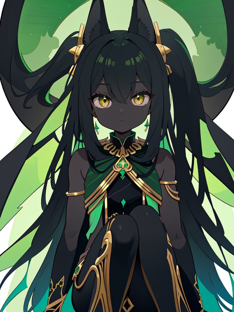  Black Anubis on a green hair character, sitting, masterpiece, best quality,8k,ultra detailed,high resolution,an extremely delicate and beautiful,hyper detail