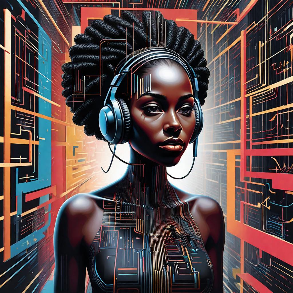  abstract artwork, black woman into a 3d computer screen along with algorithmic libes