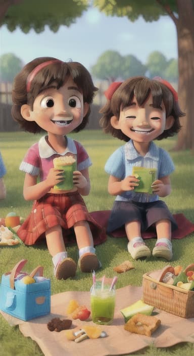  {Kids sitting around a picnic blanket, enjoying juice boxes and snacks., Children happily eating snacks, with crumbs on their faces and big smiles.