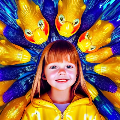 portrait+ style Painting of a child in a yellow raincoat surrounded by yellow robotic fishes, stable diffusion, absolute reality v1.6, perfect symmetry, photo realistic raw, in the style of jacek yerka