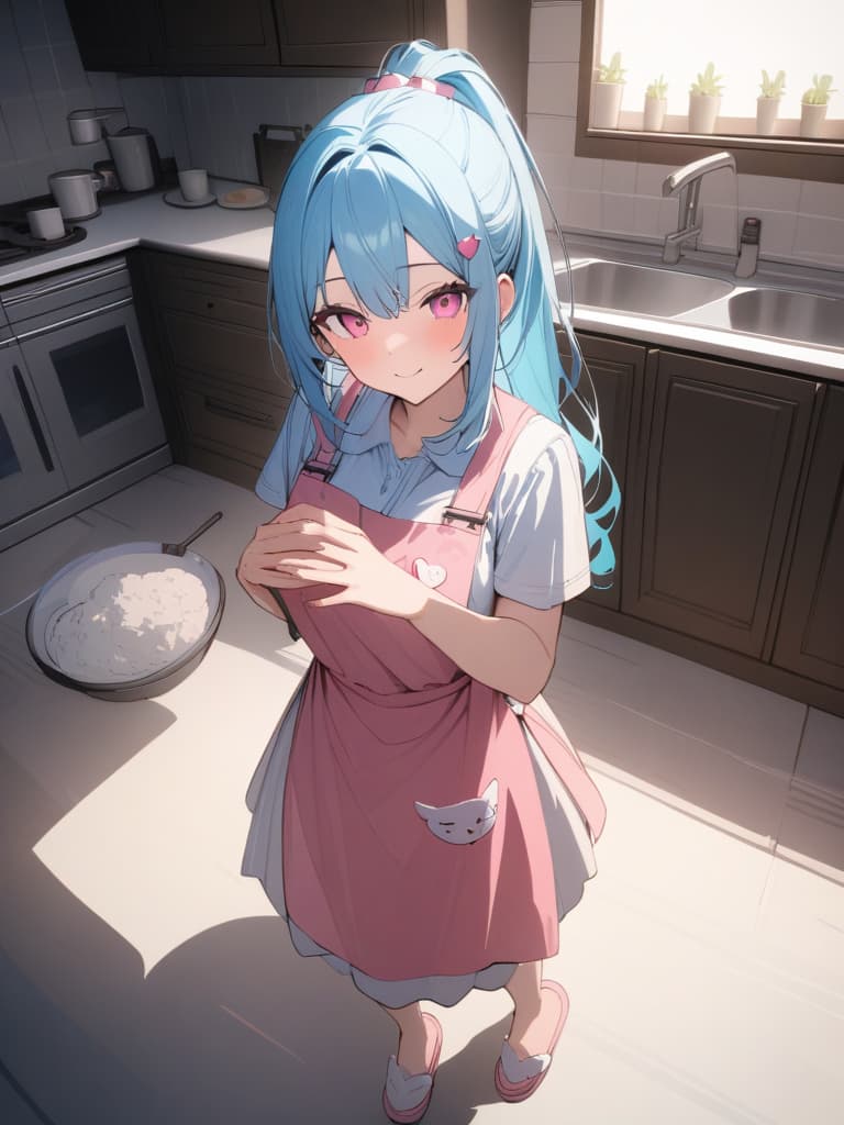  Cute,beautiful girl,apron,married woman,light blue hair,pink eyes,wife,heart hairpin,smile,kitchen,pink apron,holding a tump in hand,kitchen slippers ponytail、(absurd detailed:1.4、best quality:1.4、masterpiece:1.4)、, masterpiece, best quality,8k,ultra detailed,high resolution,an extremely delicate and beautiful,hyper detail