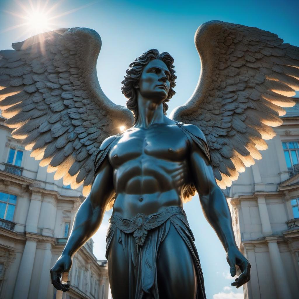  cinematic photo a statue of an angel in front of a building, inspired by Mike Winkelmann, shutterstock, neoclassicism, unreal engine 5 hdr, huge wings, military, contest winning masterpiece, austrian architecture, epic scene of zeus, post processed, morning sunlight, discovered photo . 35mm photograph, film, bokeh, professional, 4k, highly detailed hyperrealistic, full body, detailed clothing, highly detailed, cinematic lighting, stunningly beautiful, intricate, sharp focus, f/1. 8, 85mm, (centered image composition), (professionally color graded), ((bright soft diffused light)), volumetric fog, trending on instagram, trending on tumblr, HDR 4K, 8K