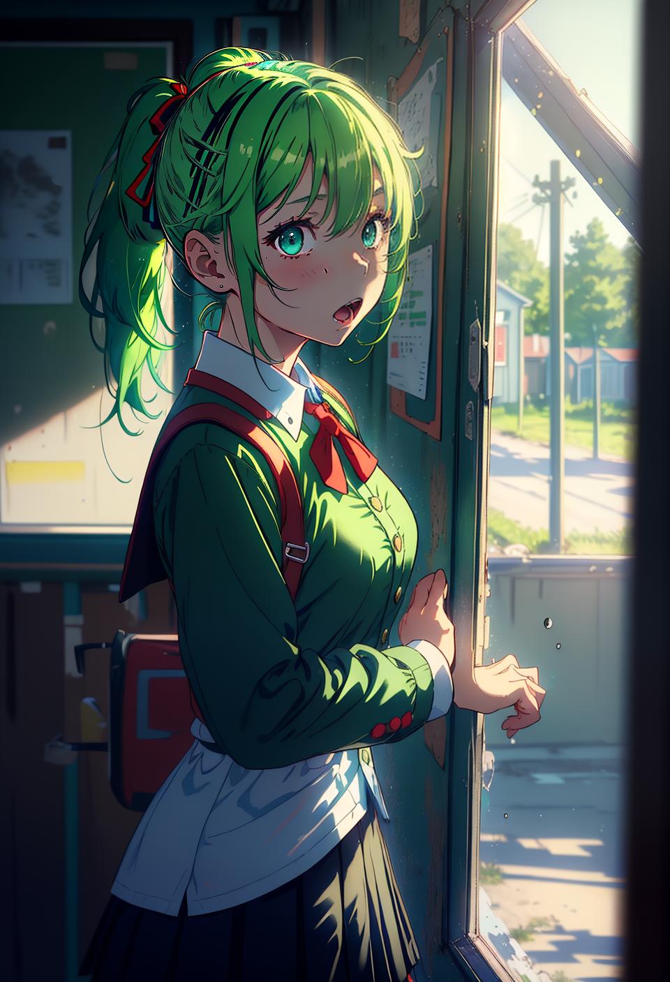  ((trending, highres, masterpiece, cinematic shot)), 1girl, young, female student uniform, country scene, medium-length straight light green hair, short ponytail, large aqua eyes, goofy personality, scared expression, red skin, chaotic, limber