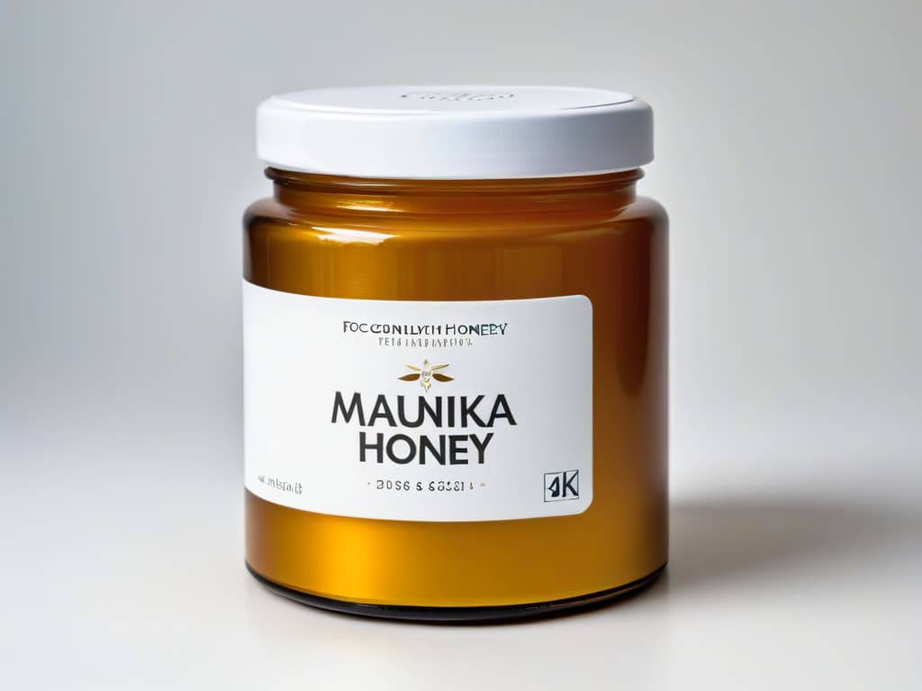  A closeup, ultradetailed image of a pristine, golden jar of Manuka honey, with a sleek and modern label that reads "Manuka Honey" in elegant typography. The jar is set against a clean, white background, emphasizing its luxurious and highend qualities, perfect for inspiring creative pastry creations. hyperrealistic, full body, detailed clothing, highly detailed, cinematic lighting, stunningly beautiful, intricate, sharp focus, f/1. 8, 85mm, (centered image composition), (professionally color graded), ((bright soft diffused light)), volumetric fog, trending on instagram, trending on tumblr, HDR 4K, 8K