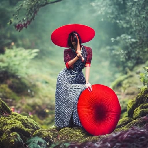  a red mushroom with blue spots hyperrealistic, full body, detailed clothing, highly detailed, cinematic lighting, stunningly beautiful, intricate, sharp focus, f/1. 8, 85mm, (centered image composition), (professionally color graded), ((bright soft diffused light)), volumetric fog, trending on instagram, trending on tumblr, HDR 4K, 8K