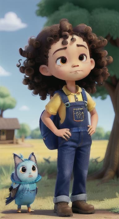  {Riley standing under the tree with eyes closed, making the wish., Riley, a curious with big brown eyes and curly hair, wearing overalls and carrying a small backpack. Their friend, Skye, a bluebird with shiny feathers.