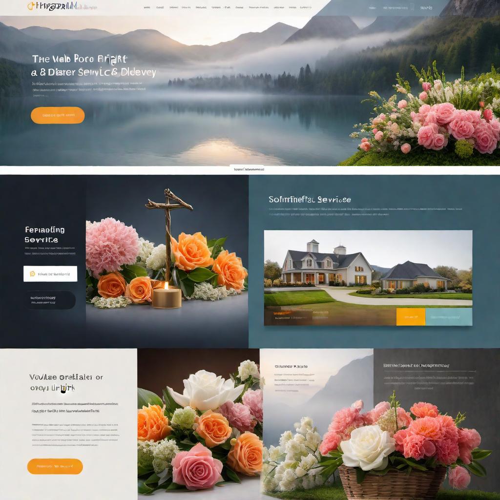  Create a design concept for a web page layout showcasing a cremation delivery service. Include elements such as soothing colors, floral motifs, and a clean layout that conveys empathy and professionalism. hyperrealistic, full body, detailed clothing, highly detailed, cinematic lighting, stunningly beautiful, intricate, sharp focus, f/1. 8, 85mm, (centered image composition), (professionally color graded), ((bright soft diffused light)), volumetric fog, trending on instagram, trending on tumblr, HDR 4K, 8K