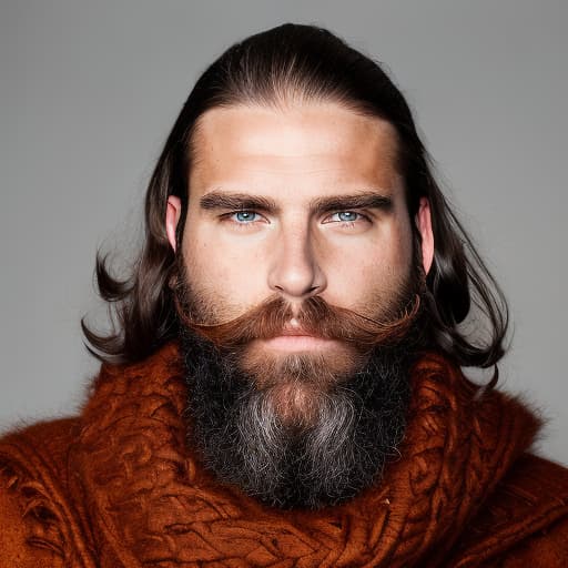 portrait+ style Face portrait. A young man with crimson eyes, long black hair, light skin and a stylized-beard. Wearing a black coat with a brown scarf.