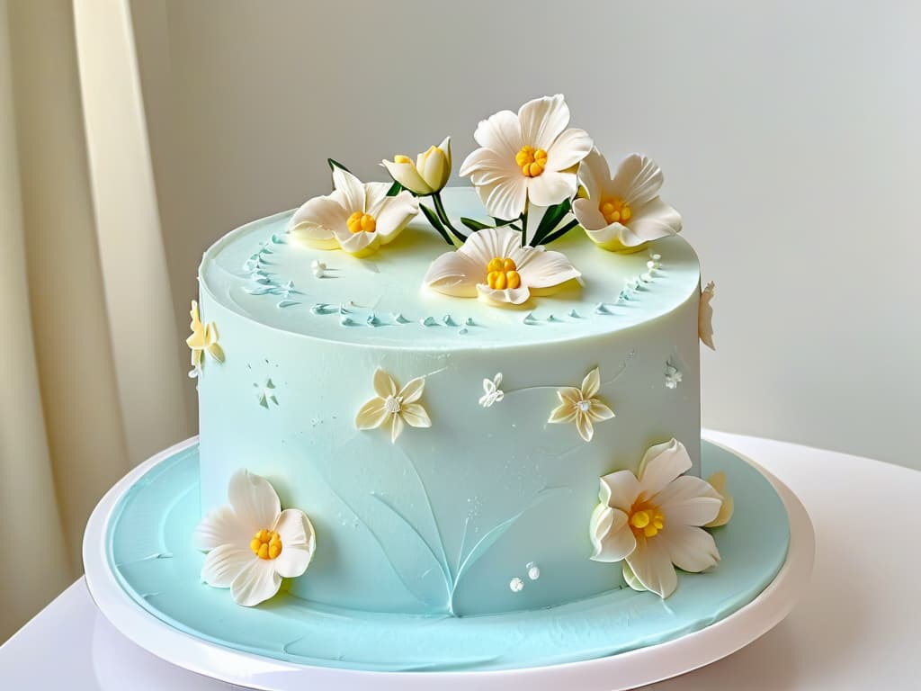  A closeup, ultradetailed image of a perfectly frosted threetiered cake, adorned with delicate sugar flowers in soft pastel colors. The frosting is smooth and flawless, reflecting the light beautifully, while the flowers appear incredibly lifelike, showcasing intricate details like tiny veins in the petals and subtle gradients in color. The overall look is elegant, sophisticated, and inviting, making viewers eager to learn the art of pastry decoration. hyperrealistic, full body, detailed clothing, highly detailed, cinematic lighting, stunningly beautiful, intricate, sharp focus, f/1. 8, 85mm, (centered image composition), (professionally color graded), ((bright soft diffused light)), volumetric fog, trending on instagram, trending on tumblr, HDR 4K, 8K