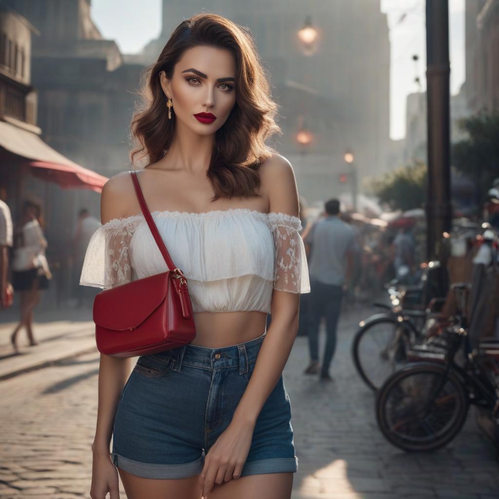  The with the brown hair. Тhe dress, the purse, the brown eyes. Shorts, , red lips. hyperrealistic, full body, detailed clothing, highly detailed, cinematic lighting, stunningly beautiful, intricate, sharp focus, f/1. 8, 85mm, (centered image composition), (professionally color graded), ((bright soft diffused light)), volumetric fog, trending on instagram, trending on tumblr, HDR 4K, 8K