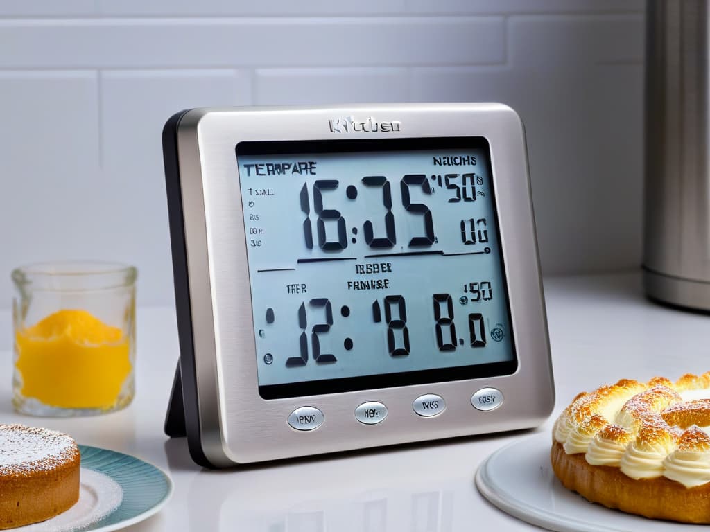  An ultradetailed image of a sleek, modern digital thermometer with a highresolution display showing precise temperature readings, set against a backdrop of a beautifully decorated pastry kitchen filled with assorted baking tools and ingredients. The thermometer's screen displays a closeup view of the temperature gauge, showcasing millimeterlevel precision. The lighting in the image highlights the professionalism and precision required in the art of pastrymaking, creating an inspiring and informative visual for readers interested in using digital thermometers for their baking creations. hyperrealistic, full body, detailed clothing, highly detailed, cinematic lighting, stunningly beautiful, intricate, sharp focus, f/1. 8, 85mm, (centered image composition), (professionally color graded), ((bright soft diffused light)), volumetric fog, trending on instagram, trending on tumblr, HDR 4K, 8K