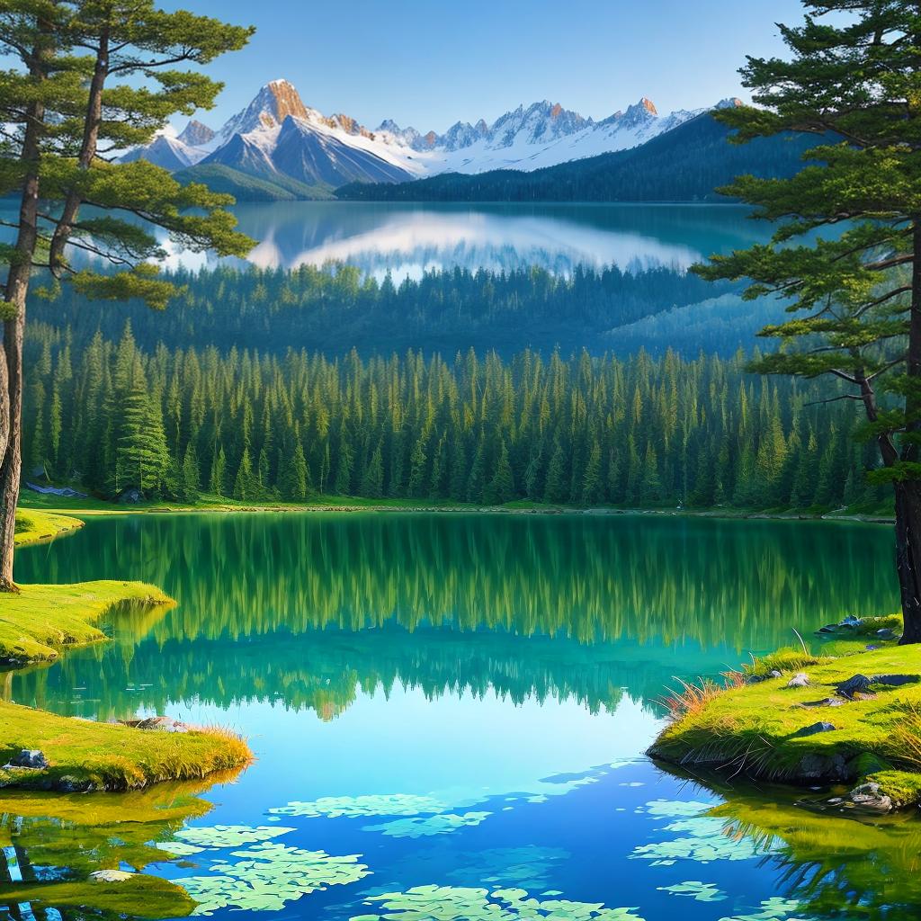  as a painting, Convey the serene majesty of towering mountains reflected in the crystal-clear waters of a tranquil alpine lake, using your unique artistic vision to evoke a sense of awe and tranquility.