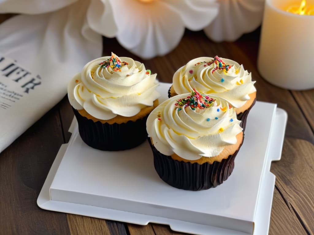  A closeup, photorealistic image of a perfectly baked and decorated cupcake, with intricate details like delicate swirls of frosting, colorful sprinkles, and a glossy finish that highlights the texture of the cupcake wrapper. The cupcake is set on a rustic wooden table, with soft natural lighting casting a gentle shadow, creating a warm and inviting atmosphere. hyperrealistic, full body, detailed clothing, highly detailed, cinematic lighting, stunningly beautiful, intricate, sharp focus, f/1. 8, 85mm, (centered image composition), (professionally color graded), ((bright soft diffused light)), volumetric fog, trending on instagram, trending on tumblr, HDR 4K, 8K