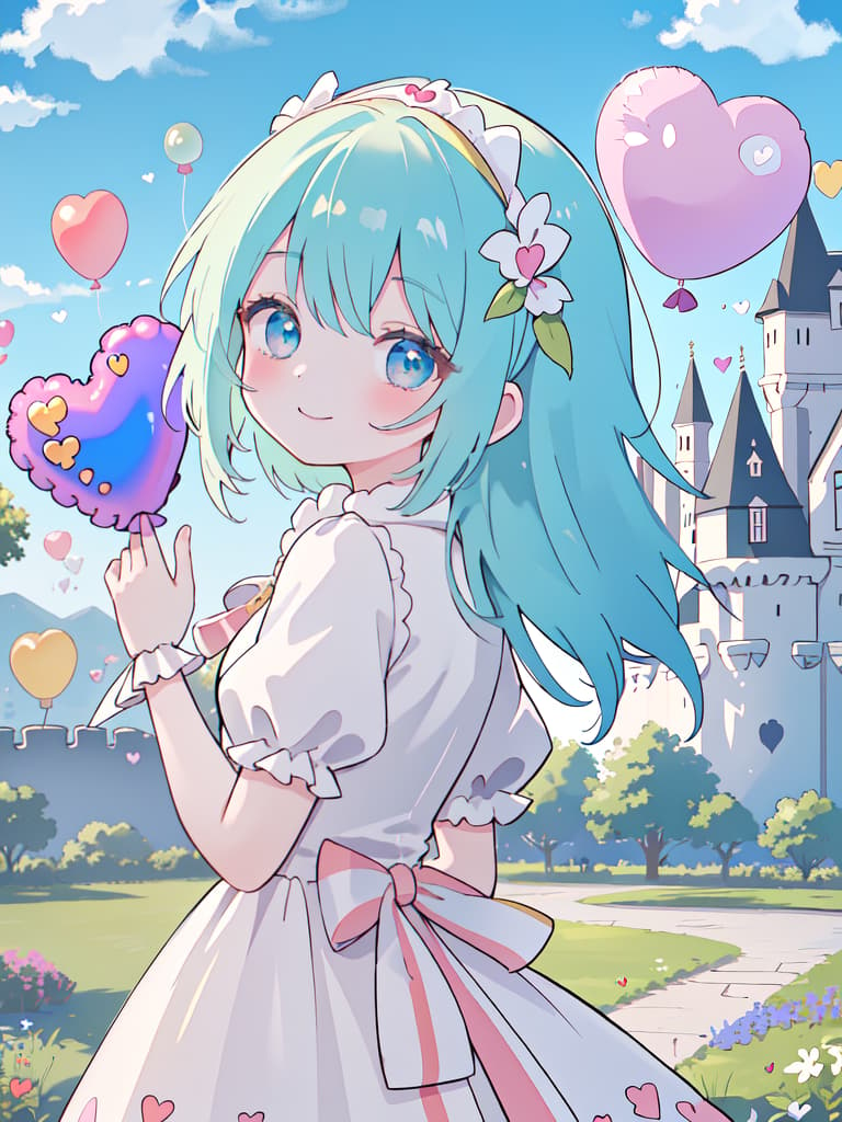  ultra detailed:1.2,masterpiece:1.2,best quality,masterpiece,bestquality,hdr:1.1,8k:1.1,very cute girl:1.3,(old castle:1.2),heart shaped balloon:1.3,(holding heart shaped balloon:1.3),candy stripe dress:1.3,looking back:1.3,ribbon headband:1.3,head tilt:1.4,waving hand:1.3,seductive smile:1.4,upper body:1.1, masterpiece, best quality,8k,ultra detailed,high resolution,an extremely delicate and beautiful,hyper detail