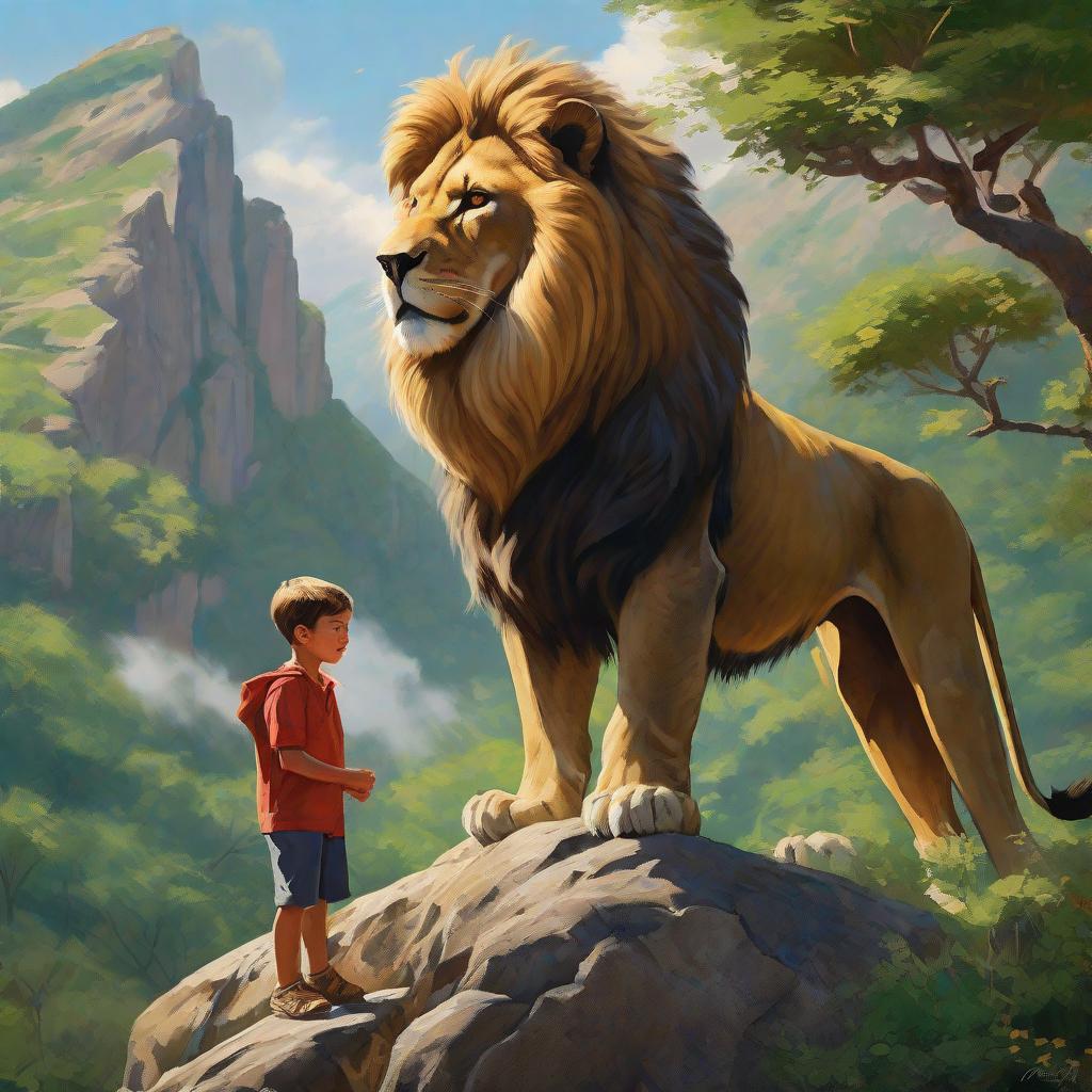  masterpiece, best quality, A young boy with a fearless smile stands proudly on a rocky mountain peak, his arm wrapped affectionately around the majestic mane of a regal lion. The rugged environment showcases towering cliffs and lush greenery, creating a sense of adventure and untamed beauty. The atmosphere is filled with a mix of excitement, courage, and a touch of awe. This prompt is realized as a captivating photograph, capturing the raw emotions and bond between the boy and the lion. The lighting is warm and natural, casting gentle shadows on their faces, while the camera settings capture the crisp details of their expressions and the surrounding landscape.