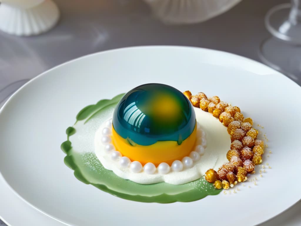  A closeup, minimalist image of a delicate, spherical dessert suspended in midair, showcasing intricate layers of colorful, transparent gelatin encapsulating a core of creamy, aerated mousse. The dessert is elegantly garnished with shimmering edible pearls and a dusting of gold leaf, reflecting a futuristic and avantgarde approach to molecular gastronomy. The background is softly blurred, emphasizing the dessert's gravitydefying presentation and inviting the viewer to marvel at the precision and artistry of modern pastry techniques. hyperrealistic, full body, detailed clothing, highly detailed, cinematic lighting, stunningly beautiful, intricate, sharp focus, f/1. 8, 85mm, (centered image composition), (professionally color graded), ((bright soft diffused light)), volumetric fog, trending on instagram, trending on tumblr, HDR 4K, 8K