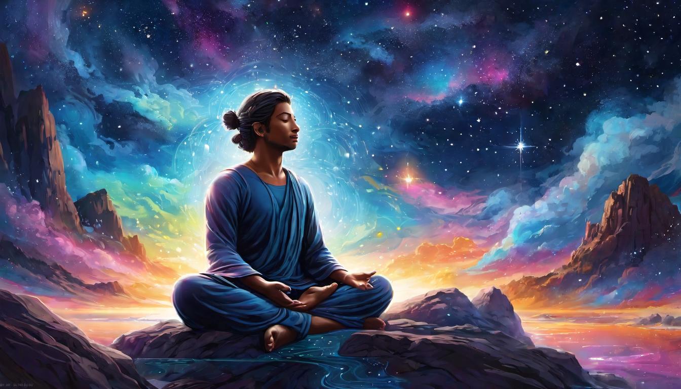  digital illustration, figure meditating, surrounded by auras, connecting with starry sky, serene, cosmic alignment, looking at viewer, dynamic pose, (intricate details, masterpiece, best quality)