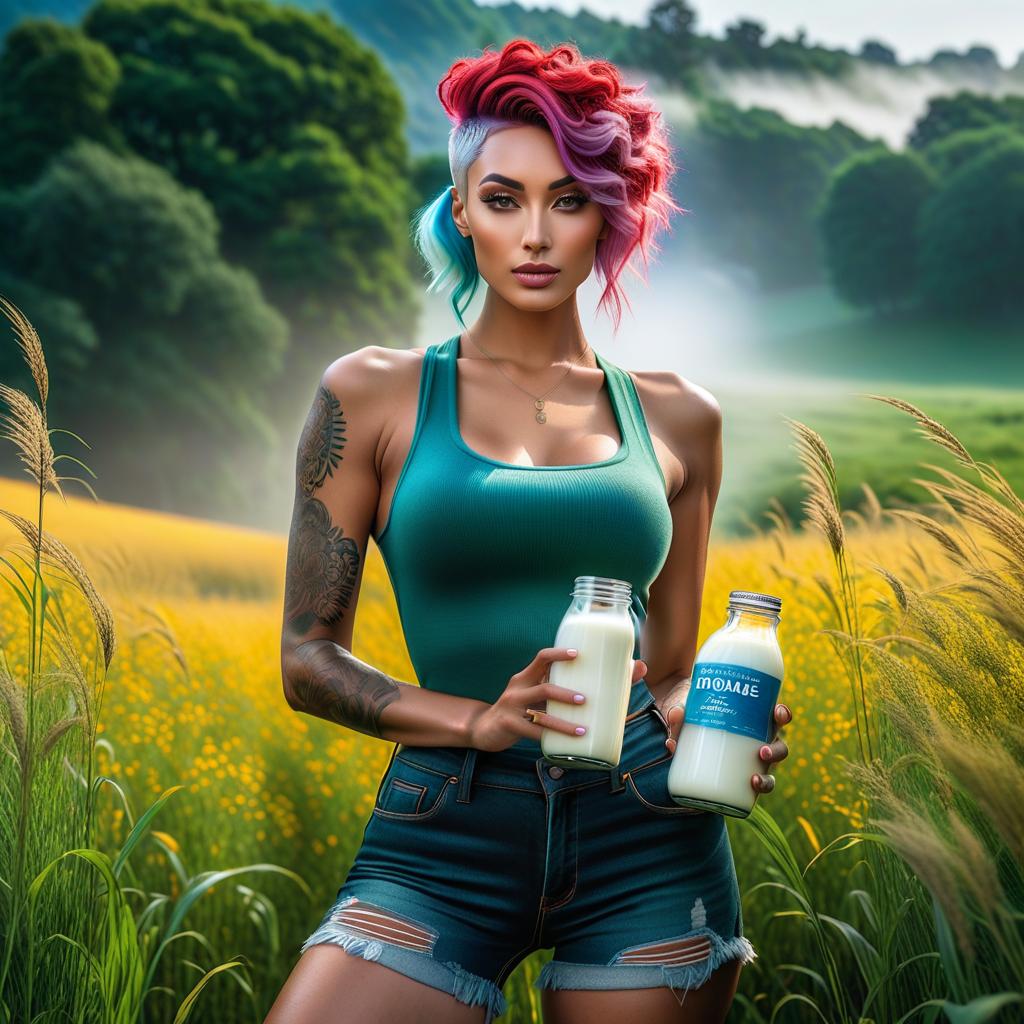  hyperrealistic art , a young with s in shorts above the , alternative (alt) or gothic style, and multicolored hairstyles holding a gl bottle of milk in the meadows. . extremely high resolution details, photographic, realism pushed to extreme, fine texture, incredibly lifelike hyperrealistic, full body, detailed clothing, highly detailed, cinematic lighting, stunningly beautiful, intricate, sharp focus, f/1. 8, 85mm, (centered image composition), (professionally color graded), ((bright soft diffused light)), volumetric fog, trending on instagram, trending on tumblr, HDR 4K, 8K