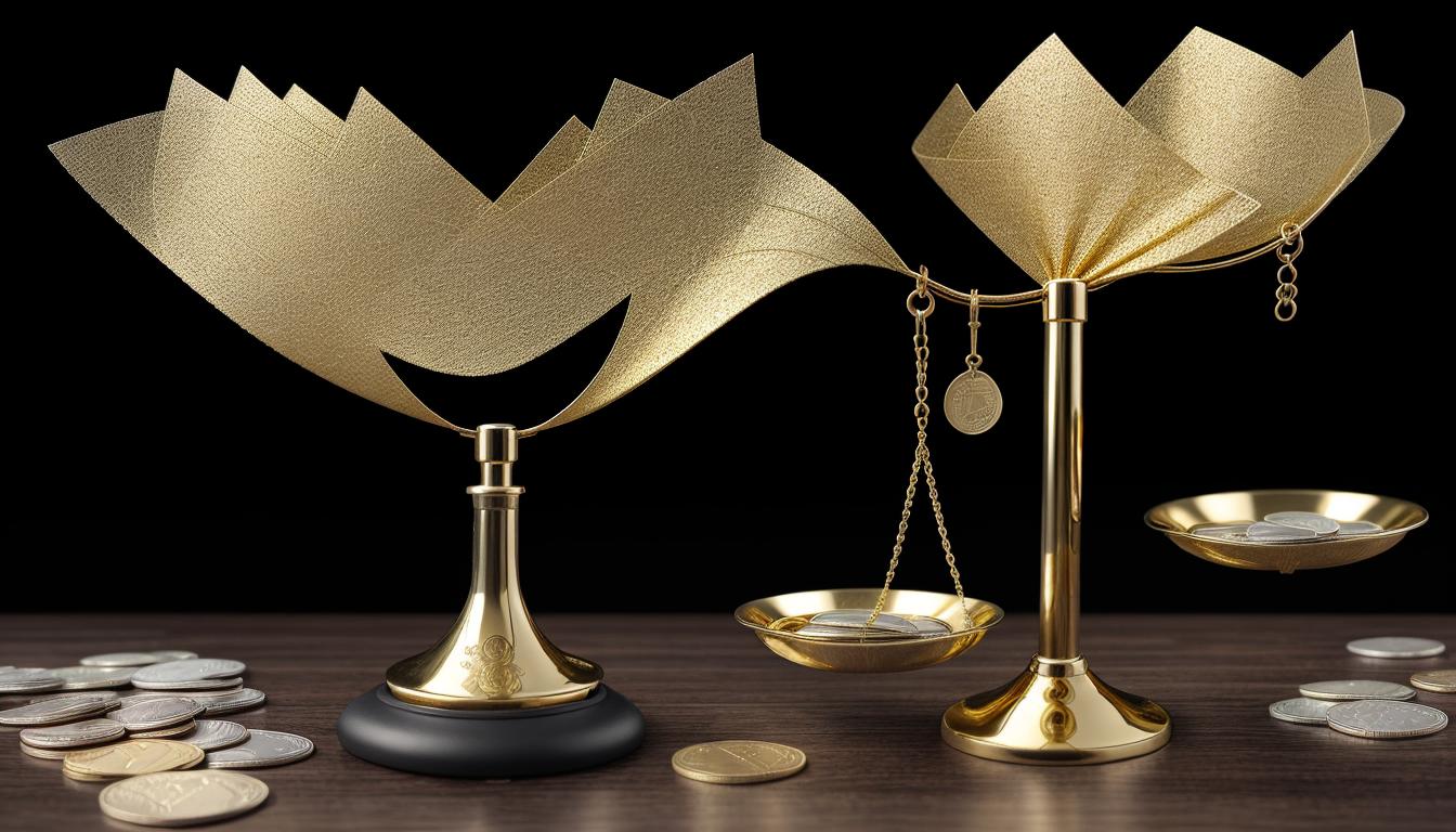  digital illustration, A balance scale, one side filled with gold coins labeled 'investment', other side labeled 'value', scales tipped indicating changing worth, detailed coins and scale design, shimmering, reflective, sense of weighing importance, looking at viewer, dynamic pose, (intricate details, masterpiece, best quality)