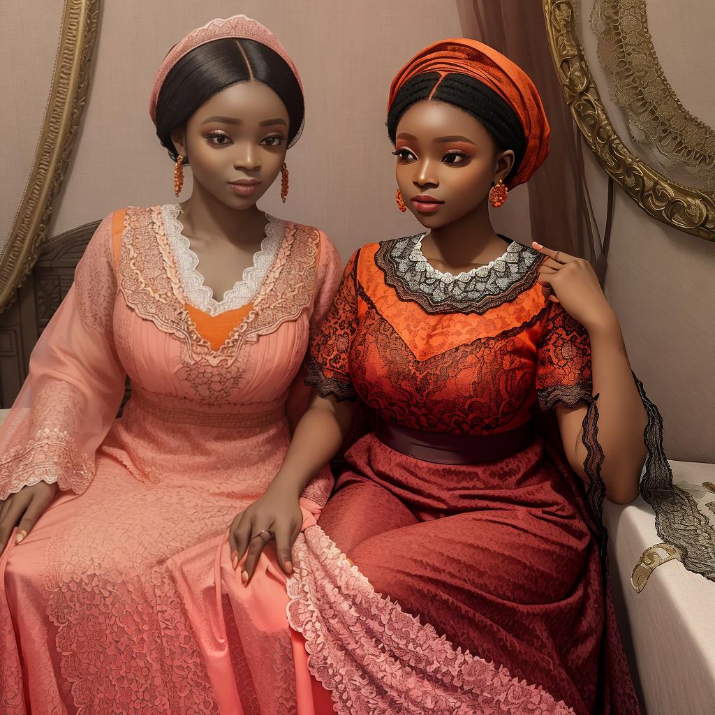  masterpiece, best quality,traditional nigerian dress with short sleeves and lace shawl. lace shawl is a dark amber orange. dress is a smokey pink color. the bodice has a deep plunge and dark amber orange accents. ,