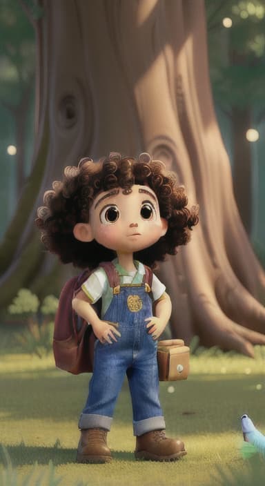  {The tree shining brightly and releasing a gentle, magical light., Riley, a curious with big brown eyes and curly hair, wearing overalls and carrying a small backpack. Their friend, Skye, a bluebird with shiny feathers.