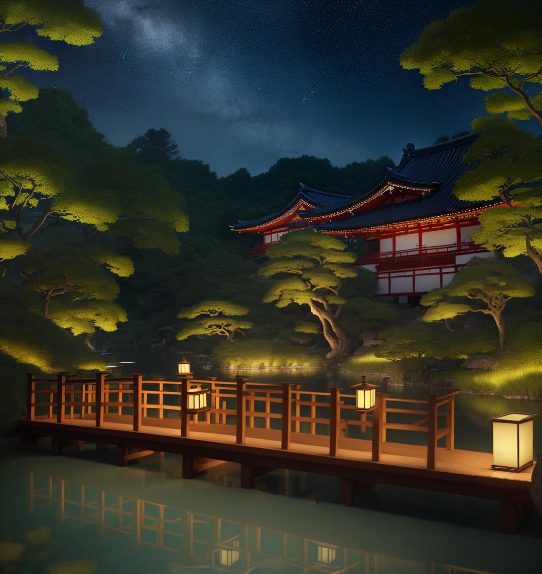  masterpiece, best quality,(fidelity: 1.4), best quality, masterpiece, ultra high resolution, 8k resolution, night view inspired by Japanese art, featuring a garden illuminated by paper lanterns and a wooden bridge spanning a tranquil lake with a small Zen temple by the lake. The water reflects the stars.