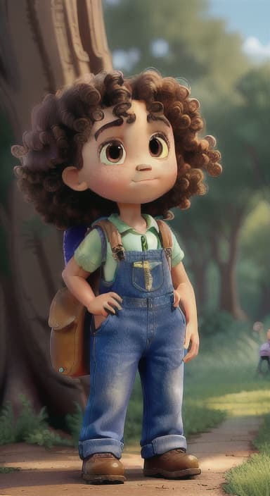  {The tree shining brightly and releasing a gentle, magical light., Riley, a curious with big brown eyes and curly hair, wearing overalls and carrying a small backpack. Their friend, Skye, a bluebird with shiny feathers.