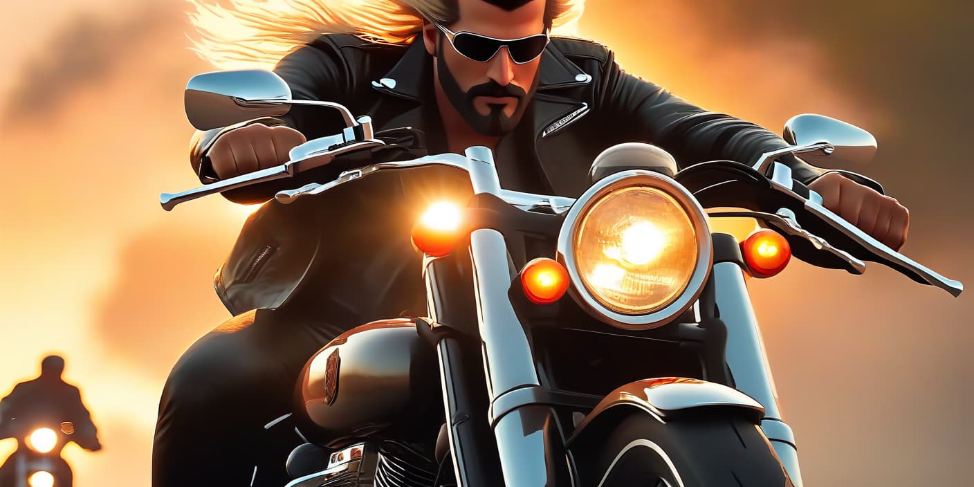  Frame to the side. A stern man rides a motorcycle through a country road at sunset. He has light hair and a small beard. Wearing a leather jacket. Has a biker ring on his finger. The motorcycle is a Harley Davidson. High speed. [Very strong motion blur: 1.5]. Mid journey, Mijorni. hyperrealistic, full body, detailed clothing, highly detailed, cinematic lighting, stunningly beautiful, intricate, sharp focus, f/1. 8, 85mm, (centered image composition), (professionally color graded), ((bright soft diffused light)), volumetric fog, trending on instagram, trending on tumblr, HDR 4K, 8K