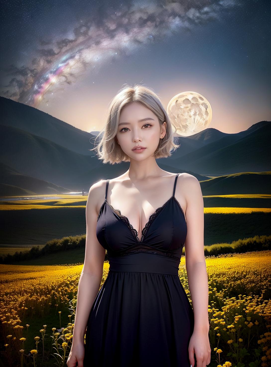  Highest quality, 4K, high resolution, realistic, night sky, beautiful woman, beautiful smile, big eyes, large eyes, abundant breasts, outstanding styles, narrow ankles, wide landscape photos, short hair, light silver Color hair, (viewed from below, the sky is above, and the open field is below), a beautiful woman standing up in a flower garden, (full moon: 1.2), (meteor: 0.9), (star cloud: 1.3 ), The distant mountains, trees destroy art, (warm light: 1.2), (fireflies: 1.2), light, purple and orange, complex details, volumetric lighting breaks (masterpieces: 1.2), (maximum quality ), 4K, super detail, (dynamic composition: 1.4), rich colors, (rainbow color: 1.2), (shine, lighting with atmosphere), dreamy, magic, (one person: 1.2 ), (Masterp