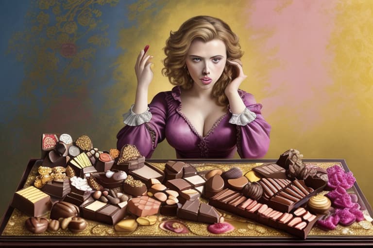  Attractive happy Scarlett Johansson (see though colorful flowing dress)(pink cheeks)(Baroque lighting)(Superrealism)(painted in the style of Édouard Manet)(Foreground: open box of fine dark chocolates on a small serving table)