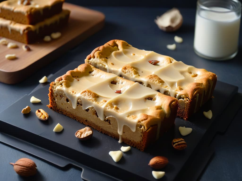  A closeup, ultradetailed image of a freshly baked batch of blondies, showcasing the goldenbrown crust, the gooey texture inside, and the scattered chunks of white chocolate and nuts on a sleek, modern black plate. The lighting is soft but highlights the textures and contrasts, making the blondies look irresistibly delicious and inviting. hyperrealistic, full body, detailed clothing, highly detailed, cinematic lighting, stunningly beautiful, intricate, sharp focus, f/1. 8, 85mm, (centered image composition), (professionally color graded), ((bright soft diffused light)), volumetric fog, trending on instagram, trending on tumblr, HDR 4K, 8K