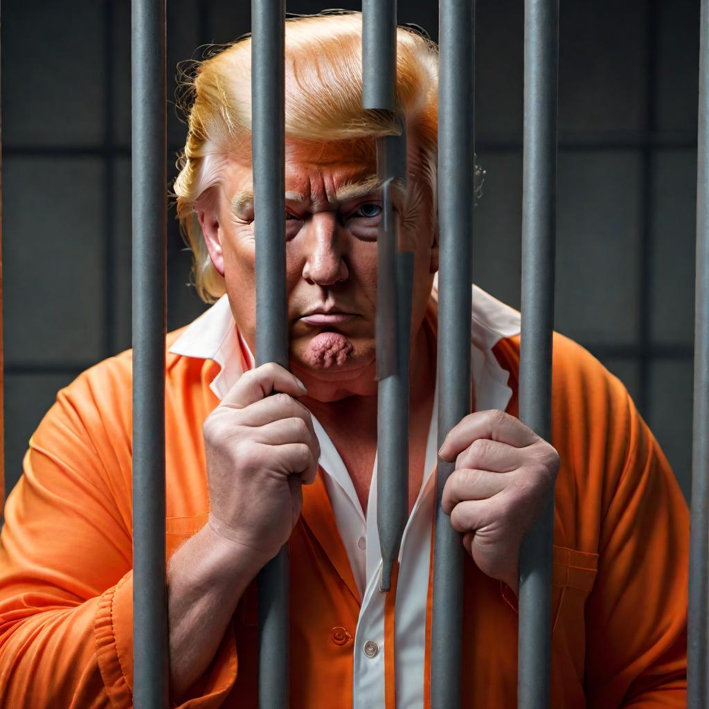  Fat Donald Trump in orange onesie in jail behind bars hyperrealistic, full body, detailed clothing, highly detailed, cinematic lighting, stunningly beautiful, intricate, sharp focus, f/1. 8, 85mm, (centered image composition), (professionally color graded), ((bright soft diffused light)), volumetric fog, trending on instagram, trending on tumblr, HDR 4K, 8K