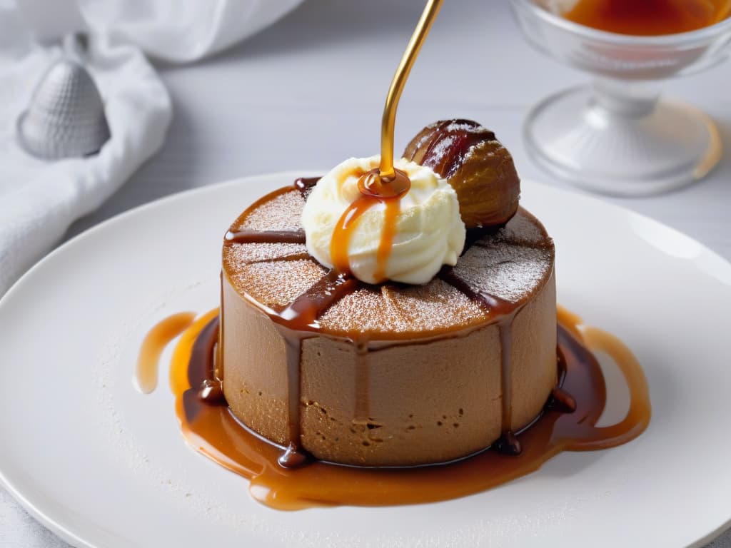  A minimalistic closeup image of a decadent Sticky Date Pudding topped with a scoop of creamy vanilla ice cream, drizzled with warm caramel sauce, and garnished with a single plump Medjool date. The dessert is beautifully presented on a sleek, white ceramic plate, with a subtle dusting of powdered sugar around the edges, emphasizing the rich textures and inviting warmth of the dessert. The focus is on the glossy caramel sauce cascading down the sides of the pudding, capturing the indulgent essence of this beloved dessert. hyperrealistic, full body, detailed clothing, highly detailed, cinematic lighting, stunningly beautiful, intricate, sharp focus, f/1. 8, 85mm, (centered image composition), (professionally color graded), ((bright soft diffused light)), volumetric fog, trending on instagram, trending on tumblr, HDR 4K, 8K