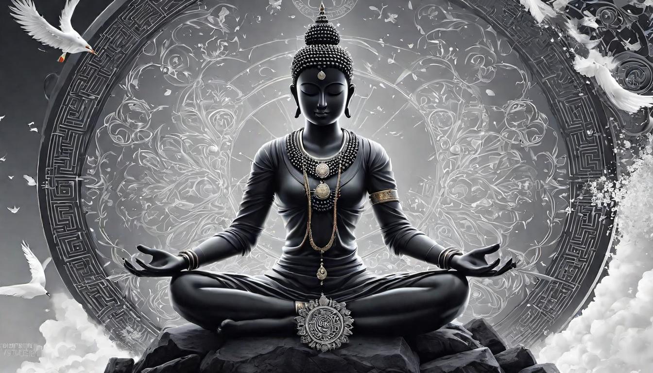  digital illustration, a figure in meditation, surrounded by symbols of balance like scales or a yin yang, calm serene, looking at viewer, dynamic pose, (intricate details, masterpiece, best quality)