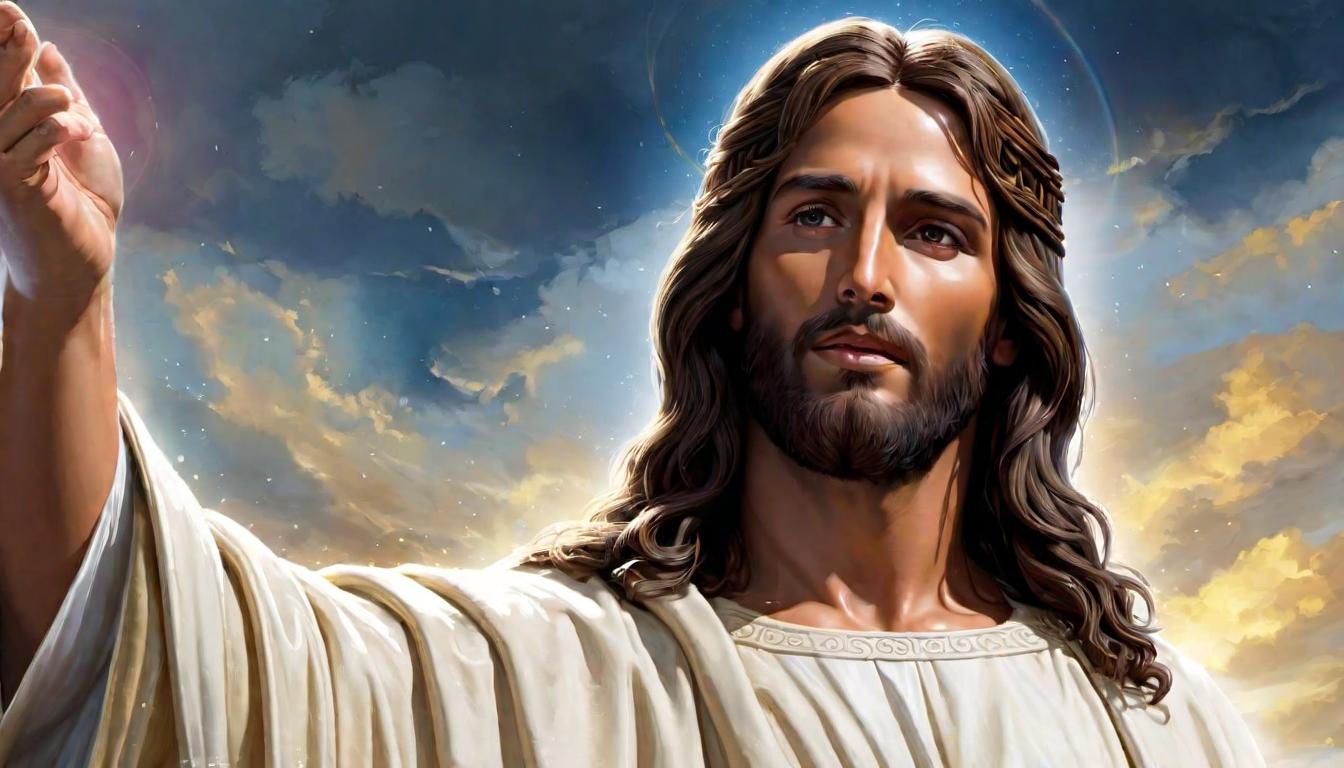  digital illustration, Close up of Jesus' face, intense unwavering gaze, lips set in firm resolve, soft halo of light, intense, steadfast, looking at viewer, dynamic pose, (intricate details, masterpiece, best quality)