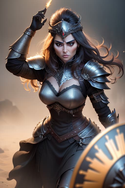  ((best quality)), ((masterpiece)), (detailed), beautiful face, female warrior, (defiance512:1.2), big eyes, heavy black iron armor, detailed helmet, intense gaze, battle ready, contrasting soft skin, (lighting:1.2), close up portrait, 4:3 aspect ratio. hyperrealistic, full body, detailed clothing, highly detailed, cinematic lighting, stunningly beautiful, intricate, sharp focus, f/1. 8, 85mm, (centered image composition), (professionally color graded), ((bright soft diffused light)), volumetric fog, trending on instagram, trending on tumblr, HDR 4K, 8K