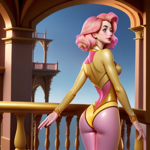  Anne Hathaway as Disney-like with amazing figures in bodytight,glittering,pink-yellow skinny short silk seen from the back showing some , deep over balcony of her palace