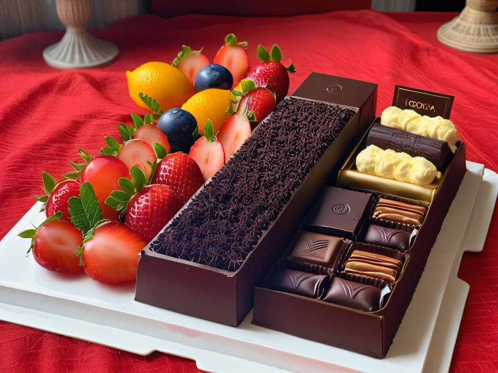  A closeup, ultradetailed image of a luxurious assortment of gourmet chocolates elegantly arranged on a sleek, modern platter. Each chocolate is meticulously crafted with intricate designs and shimmering finishes, showcasing a variety of flavors and fillings. The lighting highlights the rich colors and textures, creating a sumptuous and enticing visual feast that embodies the essence of decadent giftgiving. hyperrealistic, full body, detailed clothing, highly detailed, cinematic lighting, stunningly beautiful, intricate, sharp focus, f/1. 8, 85mm, (centered image composition), (professionally color graded), ((bright soft diffused light)), volumetric fog, trending on instagram, trending on tumblr, HDR 4K, 8K