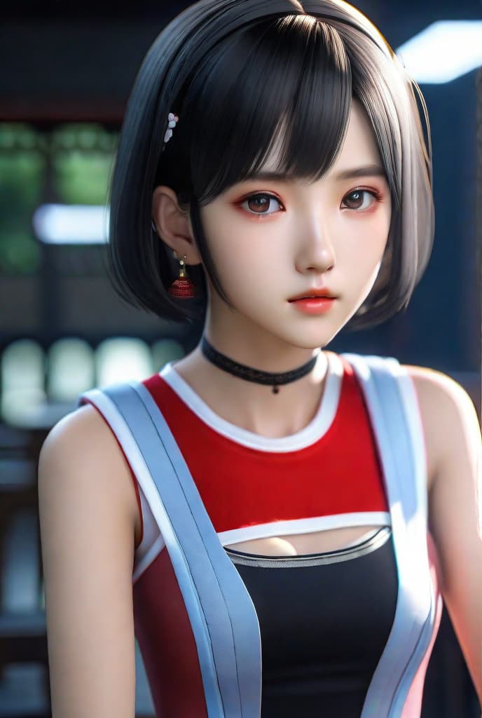  masterpiece, best quality, (fidelity:1.4), best quality, super high resolution, very detailed face, 8k resolution, an asian girl, quiet, white and red skin, thin lips, low-cut translucent top, sleeveless arms, black hair, corset, shorts, classroom