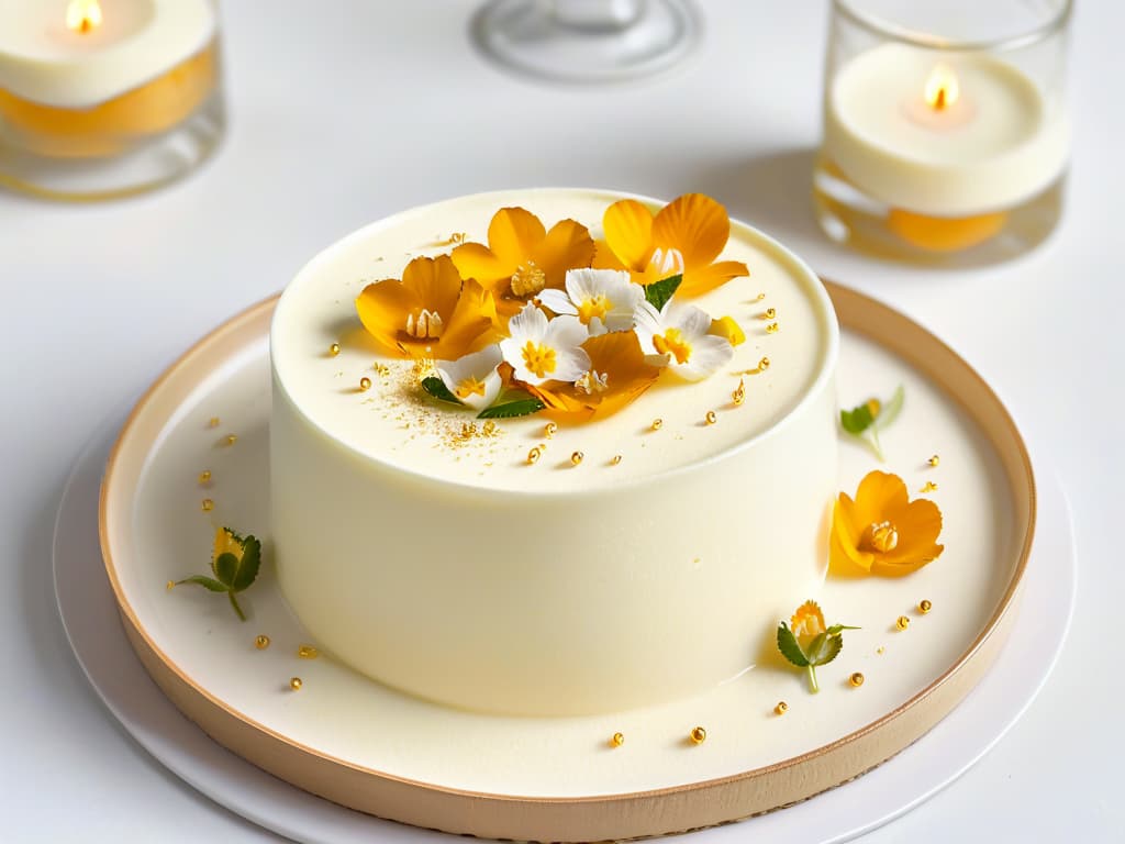  A closeup, photorealistic image of a rich and creamy Madagascar vanilla bean panna cotta elegantly served in a transparent glass dish, garnished with fresh vanilla pods, delicate edible flowers, and a sprinkle of gold leaf for a touch of luxury. The smooth texture of the dessert reflects the light beautifully, showcasing the specks of vanilla seeds throughout the creamy base. The background is softly blurred to keep the focus on the exquisite dessert, creating a visually enticing and appetizing image that perfectly complements the informative article on traditional Madagascar vanilla desserts. hyperrealistic, full body, detailed clothing, highly detailed, cinematic lighting, stunningly beautiful, intricate, sharp focus, f/1. 8, 85mm, (centered image composition), (professionally color graded), ((bright soft diffused light)), volumetric fog, trending on instagram, trending on tumblr, HDR 4K, 8K